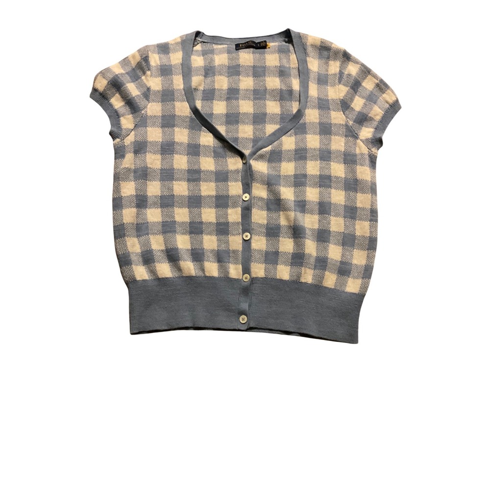 Polo Ralph Lauren Blue Gingham Linen Cotton Short Sleeve Cardigan Sweater preppy